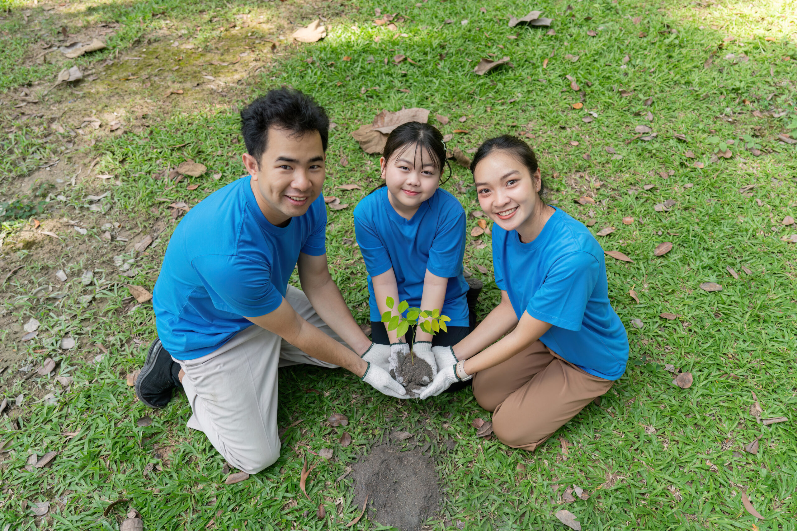 Family volunteers planting trees together to promote environmental conservation and save the world